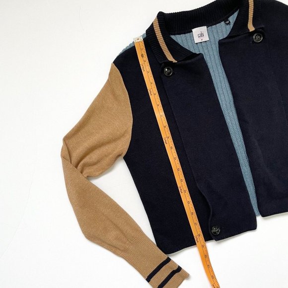 Cabi Turn Back Cardigan Sweater Open Front Medium Academia Navy Tan Chunky Knit - Picture 16 of 16